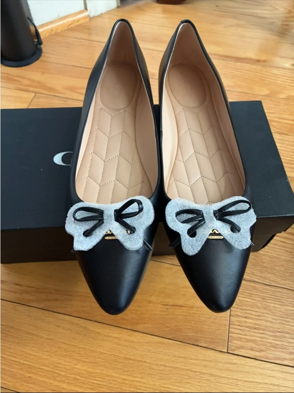 Black Pointed Ballet Flats with Bow Accent